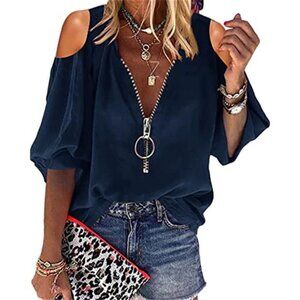 Dark Blue V-Neck Lantern Sleeve Blouse – Zipper Front Loose Casual Top
